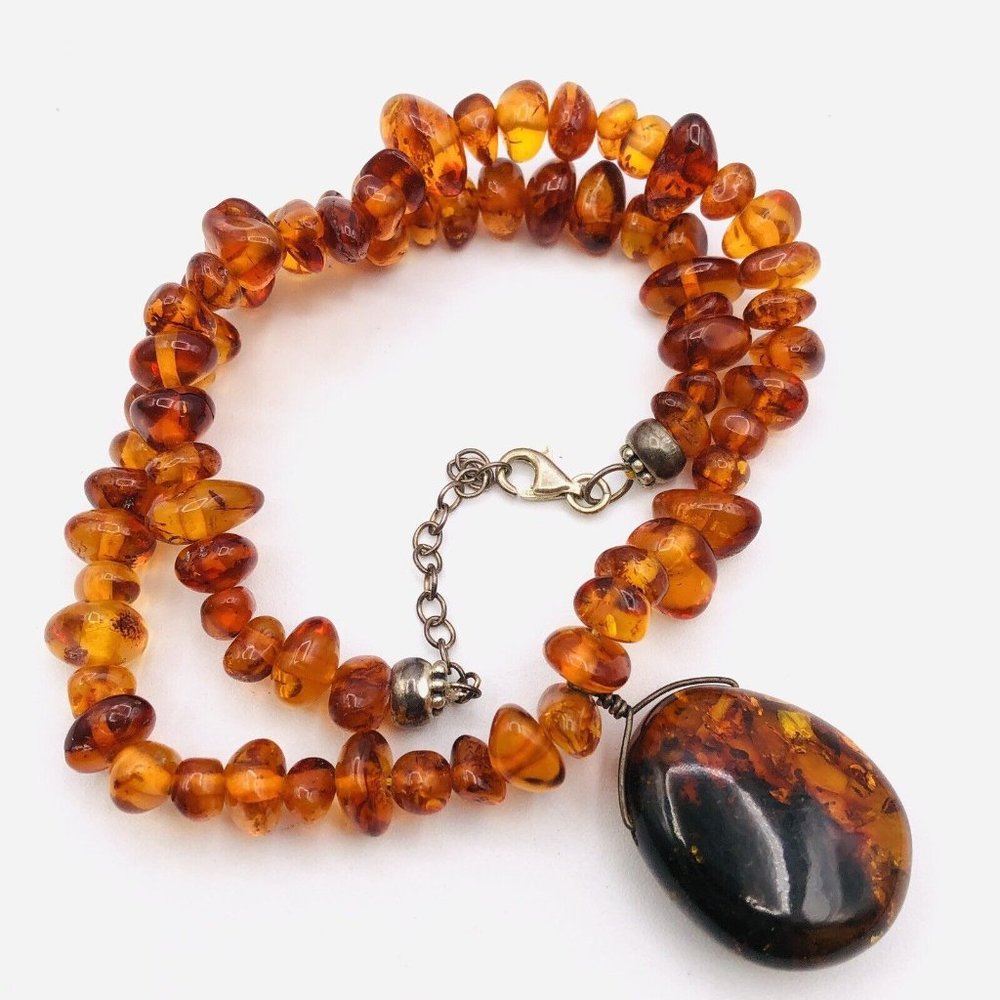Vintage Baltic Amber Bead Necklace Sterling Silver 925 Oval Pendant Necklace - Picture 5 of 9